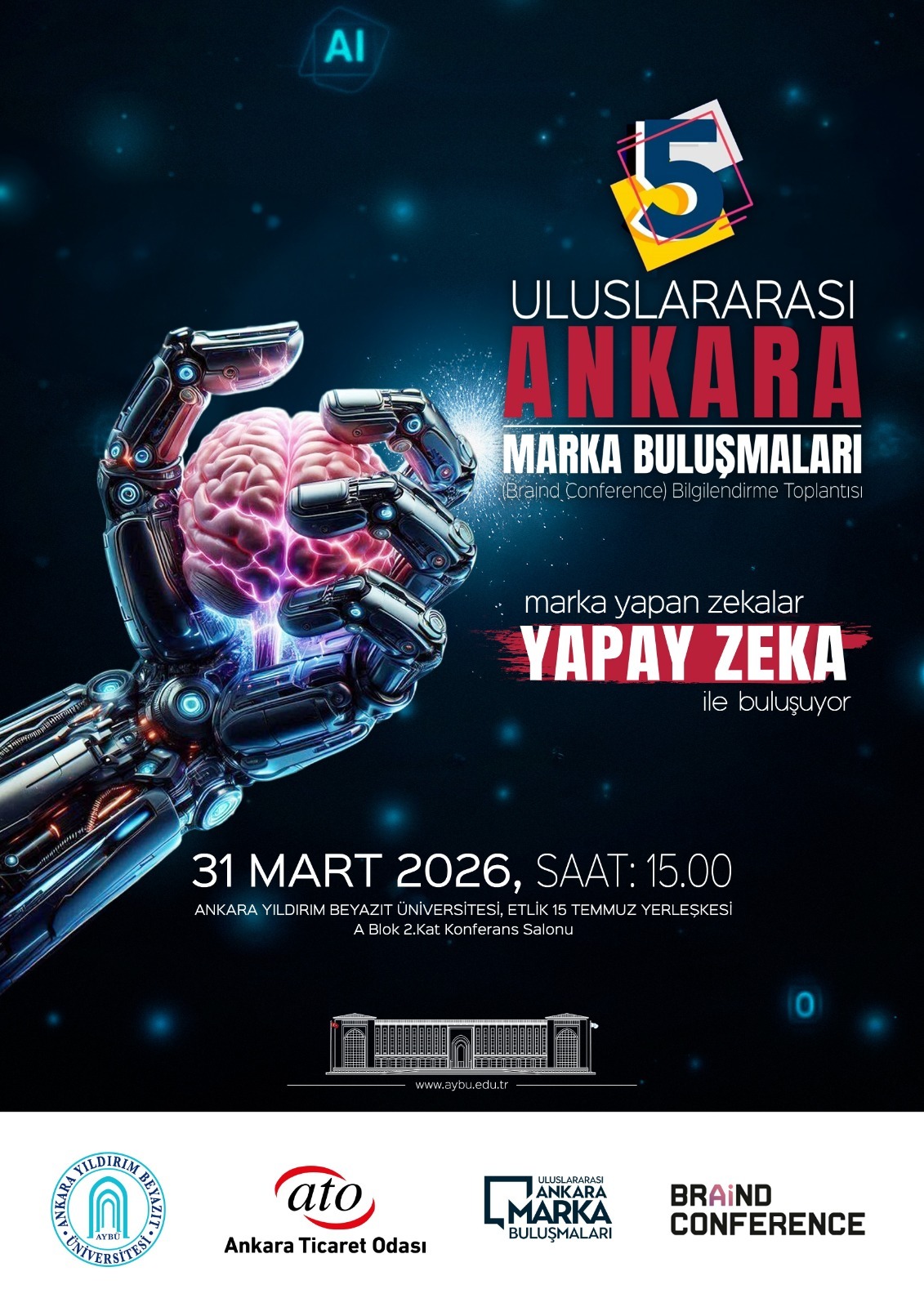 5th International Ankara Brand Meetings information meeting poster. March 31, 2026, at 3:00 PM in the AYBU Etlik 15 July Campus, Block A, 2nd Floor Conference Hall.