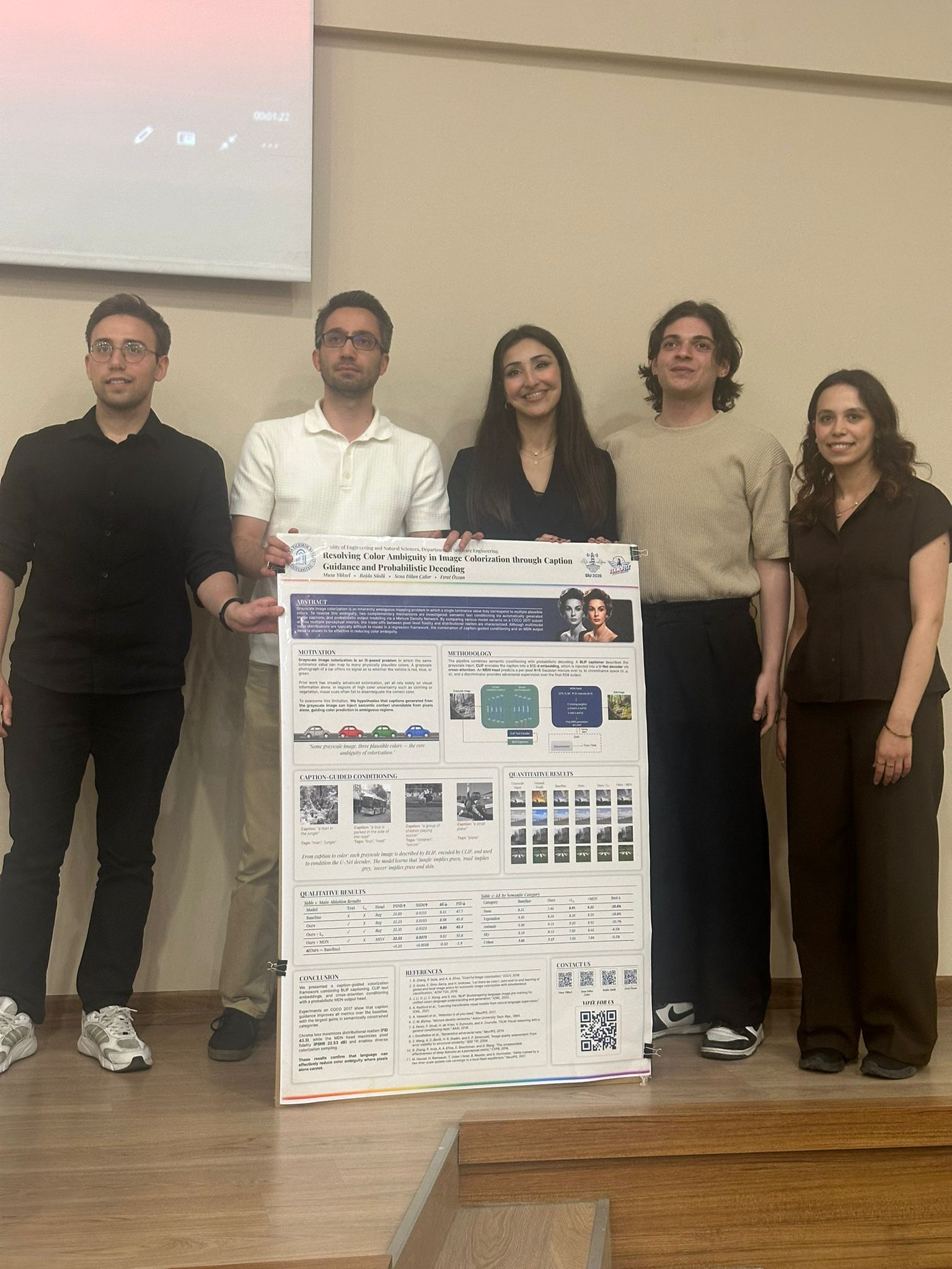 The Best Poster Award-winning team showcased their study on reducing color ambiguity in image colorization alongside their project poster.