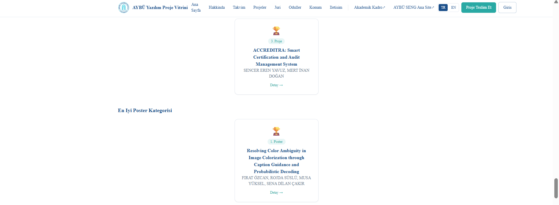 The continuation of the Awards page presents the winner of the Best Poster category. The project title and team members are displayed alongside a trophy icon.