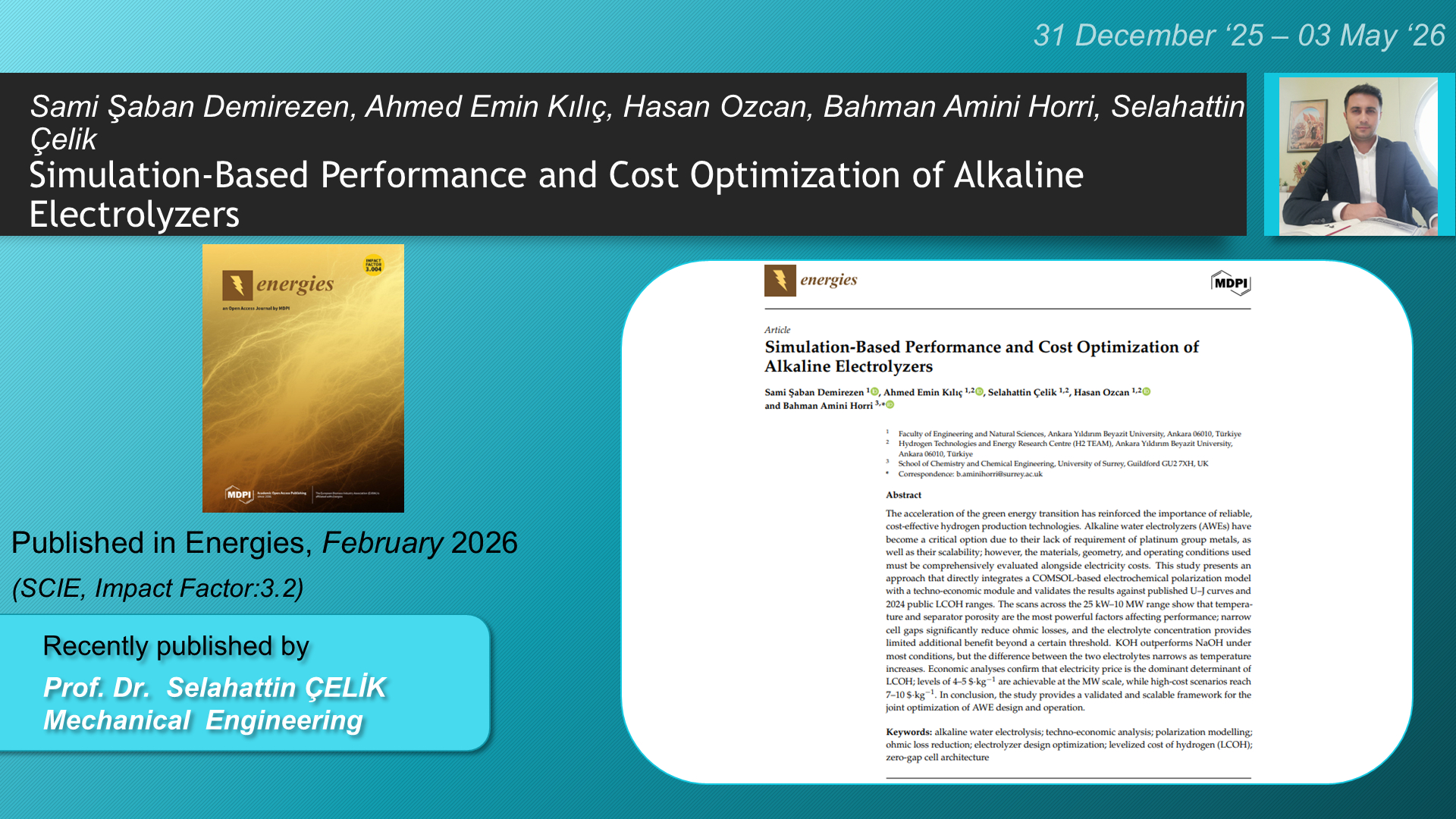 Simulation-Based Performance and Cost Optimization of Alkaline Electrolyzers adlı Sami Şaban Demirezen, Ahmed Emin Kılıç, Selahattin Çelik, Hasan Ozcan, Bahman Amini Horri tarafından yapılan çalışma görseli