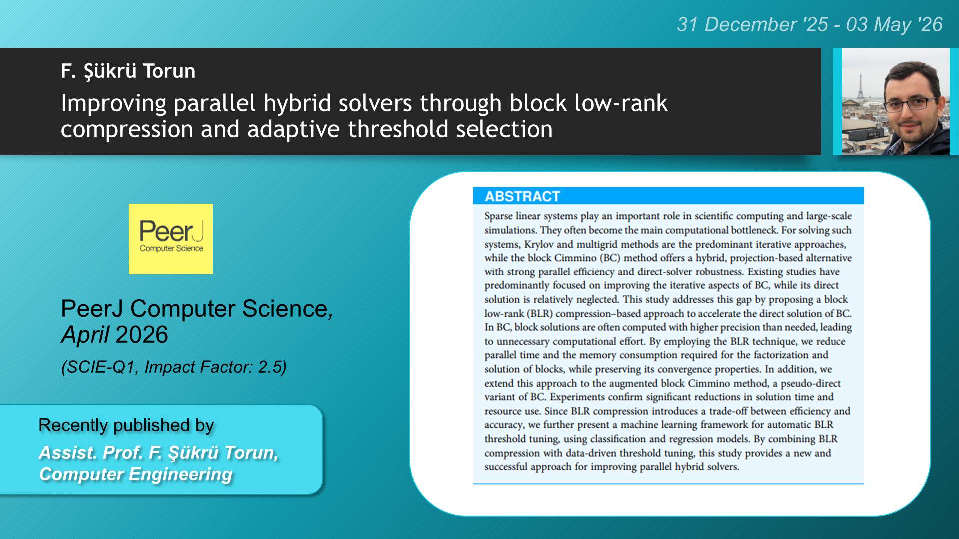 Improving parallel hybrid solvers through block low-rank compression and adaptive threshold selection adlı F Sukru Torun tarafından yapılan çalışma görseli