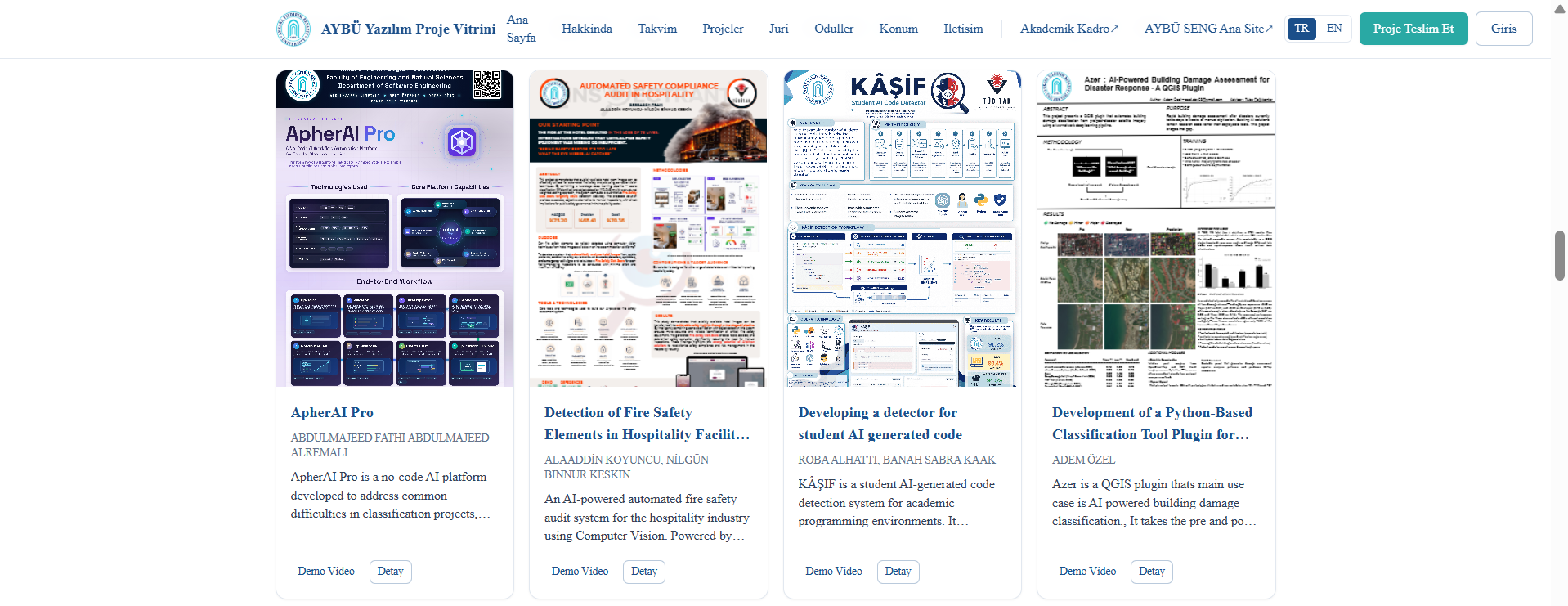 The Projects page showcases projects including ApherAI Pro, fire safety auditing, AI-generated code detection, and disaster damage assessment, each presented with its project poster and summary information.