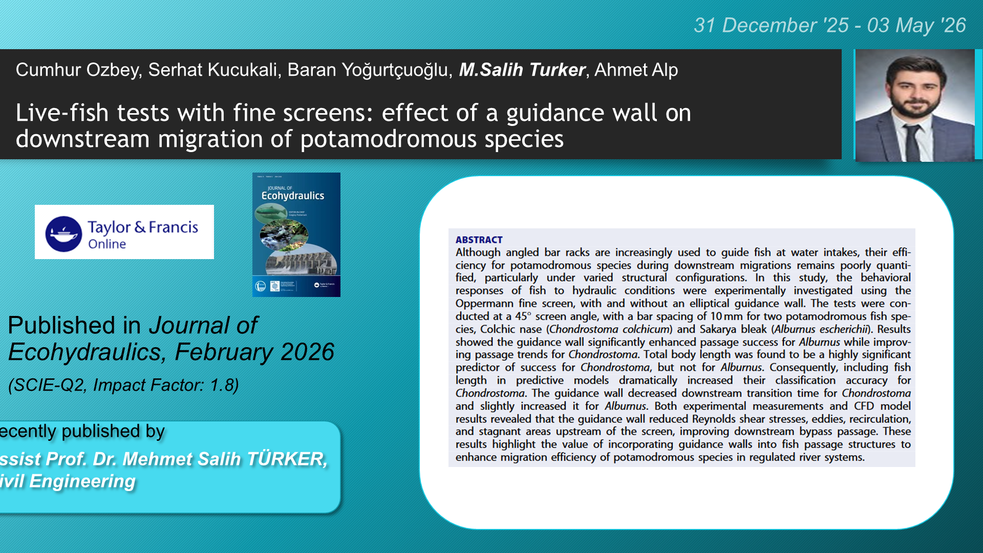 Live-fish tests with fine screens: effect of a guidance wall on downstream migration of potamodromous species adlı Cumhur Ozbey, Serhat Kucukali, Baran Yoğurtçuoğlu, M Salih Turker, Ahmet Alp tarafından yapılan çalışma görseli