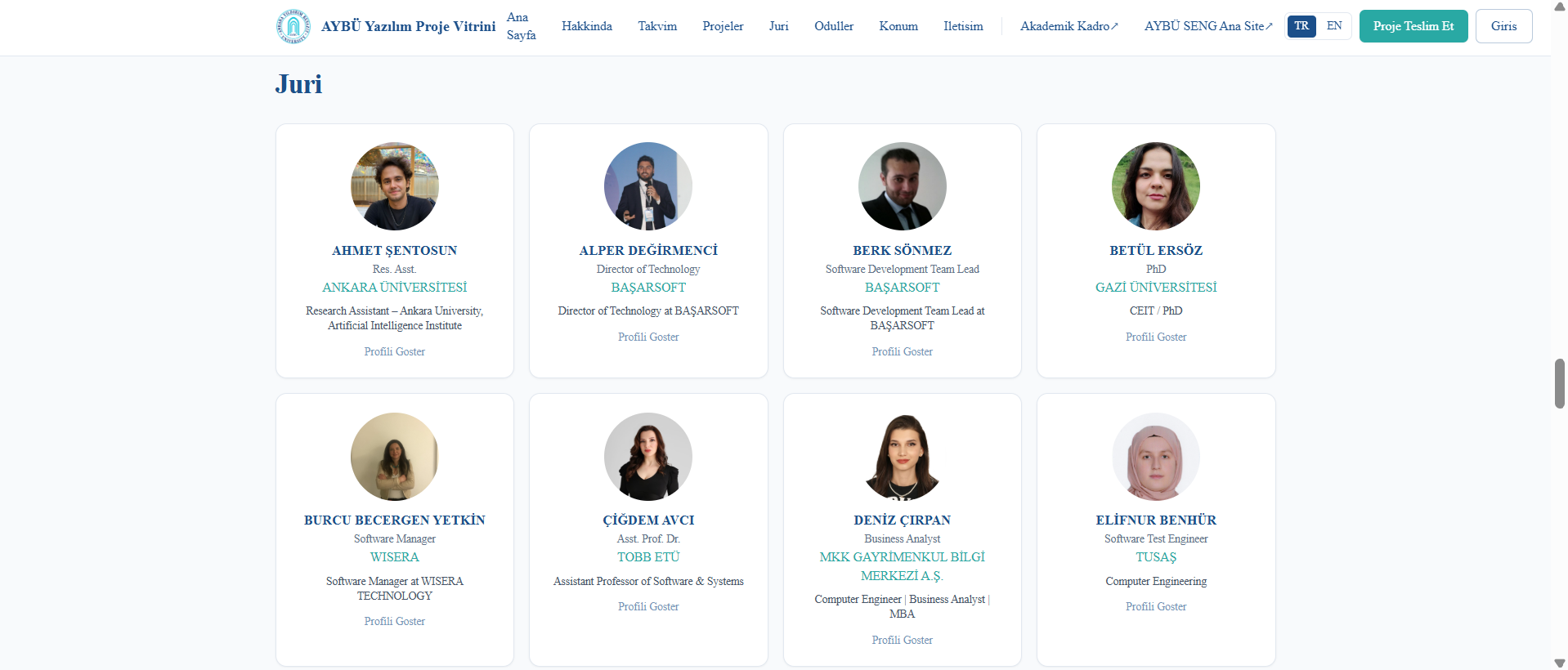 The upper section of the Jury page displays jury members in card format. Each card includes a profile photo, name, title, organization, and a profile link.