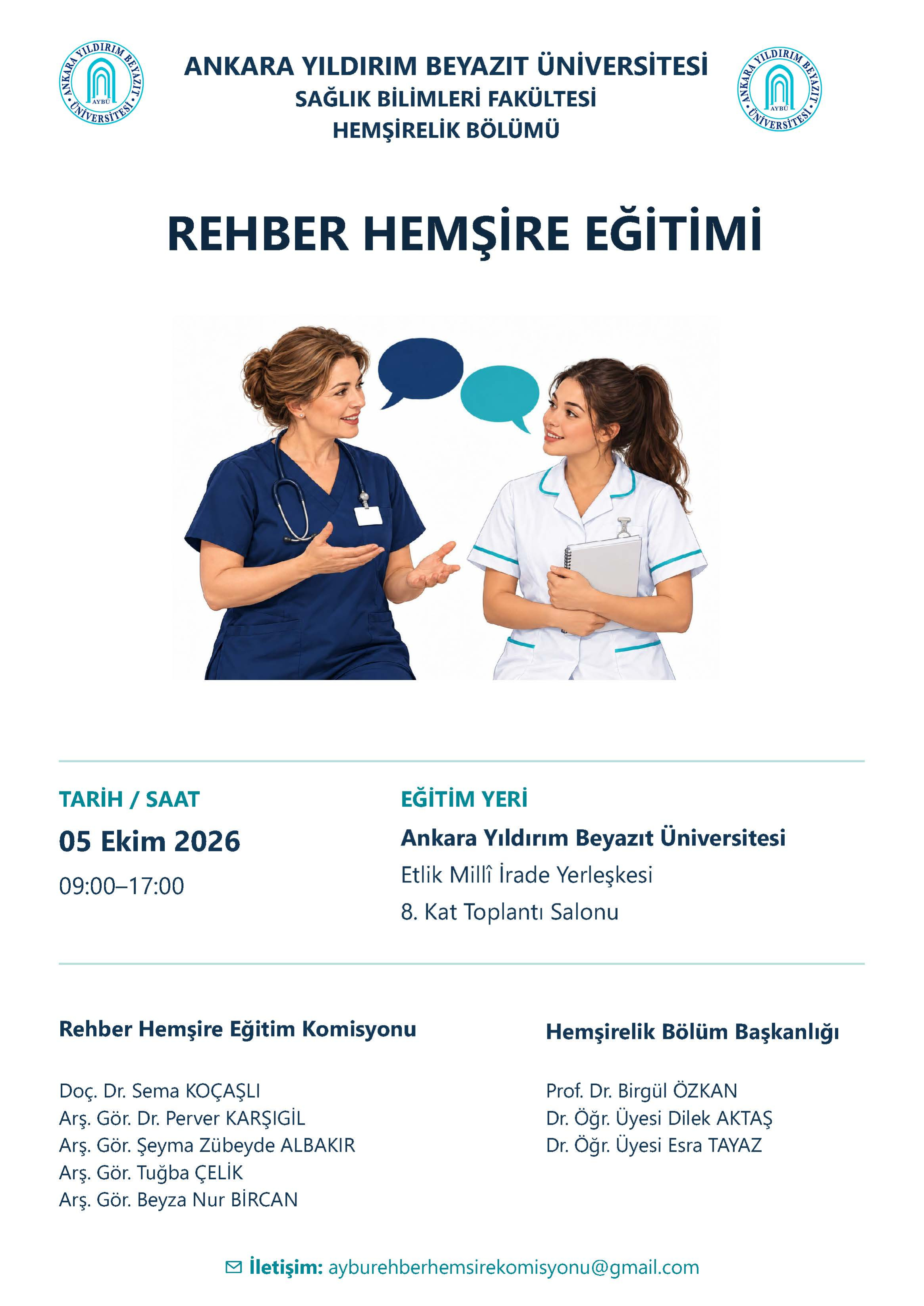 The poster features the AYBÜ logo, the title “Nurse Mentor Training” in navy blue and turquoise, and the event’s date, time, venue and contact details on a white background. The central illustration shows a nurse mentor wearing navy scrubs and a stethoscope, explaining something to a student nurse in a white uniform with turquoise trim. The student holds a notebook and listens. Two speech bubbles above them symbolise communication and the sharing of experience. The lower section lists the Nurse Mentor Training Committee members: Associate Professor Sema KOÇAŞLI; Research Assistant Perver KARŞIGİL, PhD; Research Assistant Şeyma Zübeyde ALBAKIR; Research Assistant Tuğba ÇELİK; and Research Assistant Beyza Nur BİRCAN. It also lists the Department of Nursing leadership: Professor Birgül ÖZKAN, Assistant Professor Dilek AKTAŞ and Assistant Professor Esra TAYAZ.