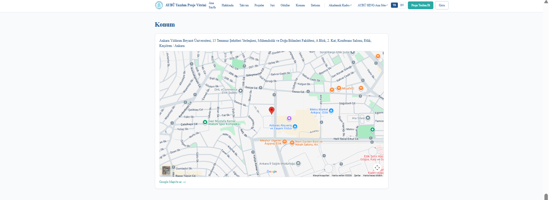 The Location page displays the event venue address along with an embedded Google Maps view. The event location is marked on the map.