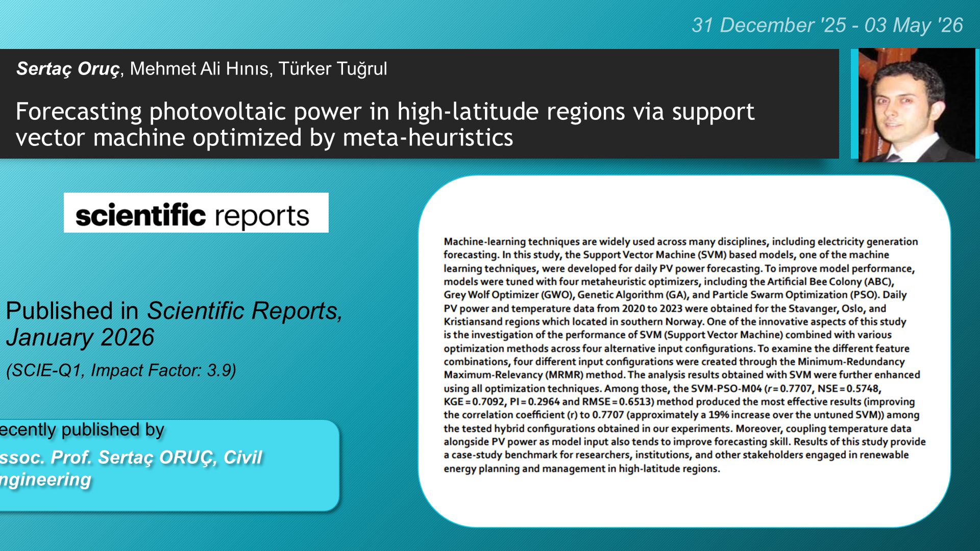Forecasting photovoltaic power in high-latitude regions via support vector machine optimized by meta-heuristics adlı Sertaç Oruç, Mehmet Ali Hınıs, Türker Tuğrul tarafından yapılan çalışma görseli