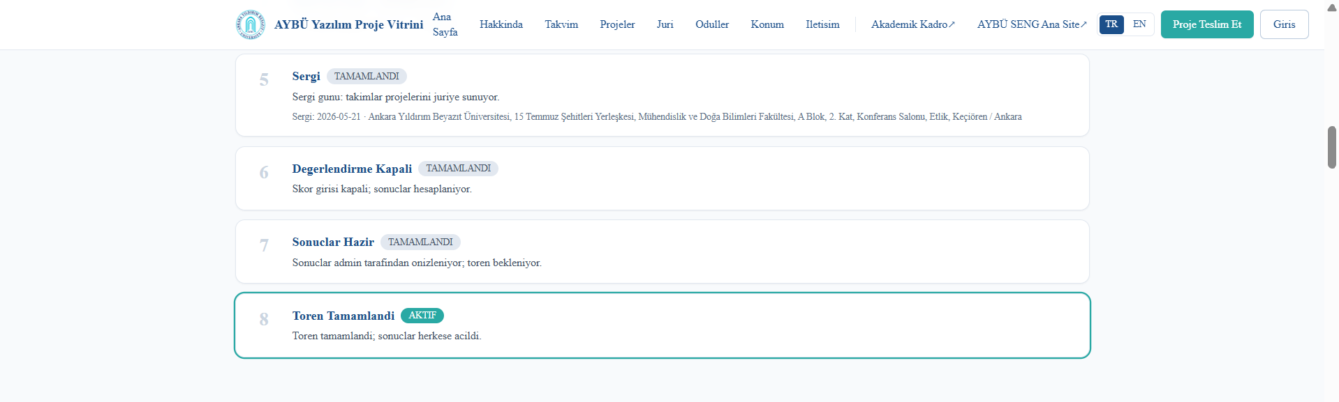 The lower section of the Schedule page is displayed. The Exhibition, Evaluation Closed, and Results Ready phases are marked as completed. The final stage, “Ceremony Completed,” is shown as active.