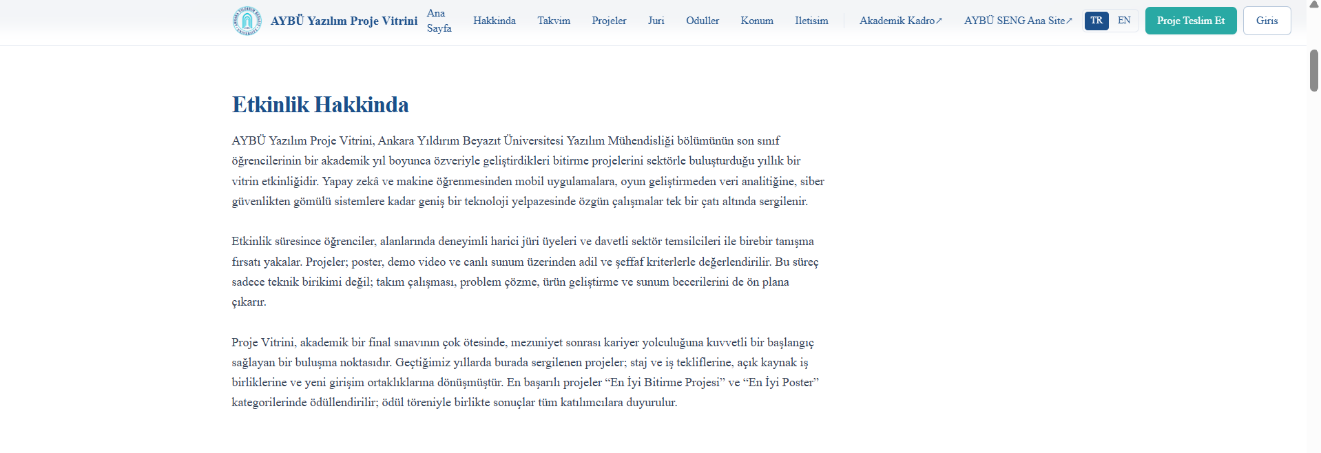 The About the Event page is displayed. The page contains descriptive text explaining the purpose, scope, and academic and professional opportunities provided by the AYBU Software Engineering Project Showcase.