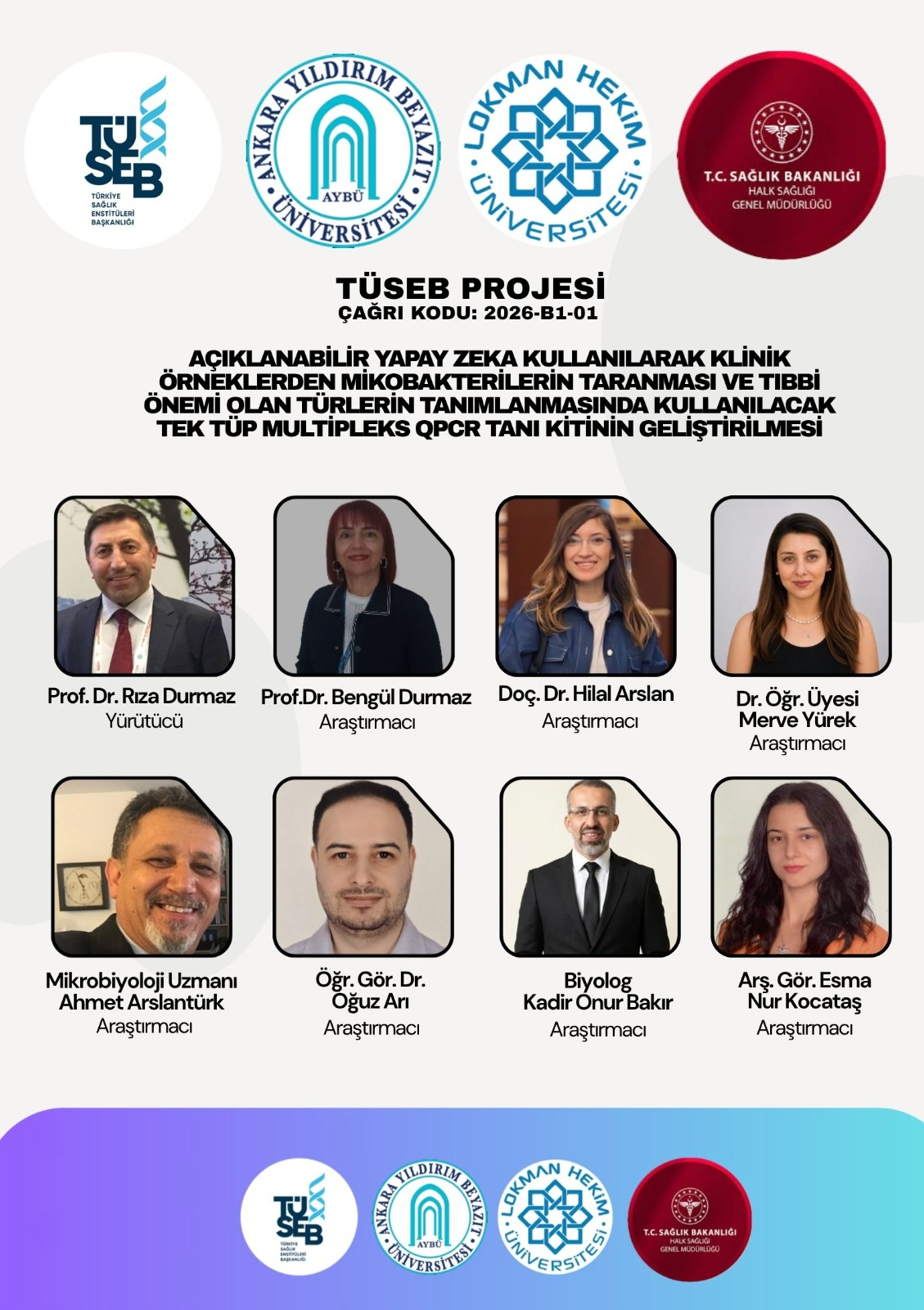 Açıklanabilir Yapay Zeka Kullanılarak Klinik Örneklerden Mikobakterilerin Taranması ve Tıbbi Önemi Olan Türlerin Tanımlanmasında Kullanılacak Tek Tüp Multipleks qPCR Tanı Kitinin Geliştirilmesi başlıklı 2026-B1-01 çağrı kodlu TÜSEB Projesi tanıtım afişi. İş birlikçiler: Türkiye Sağlık Enstitüleri Başkanlığı (TÜSEB), Ankara Yıldırım Beyazıt Üniversitesi (AYBÜ), Lokman Hekim Üniversitesi ve T.C. Sağlık Bakanlığı Halk Sağlığı Genel Müdürlüğü. Proje ekibinin fotoğrafları ve görevleri yer almaktadır: Yürütücü Prof. Dr. Rıza Durmaz; araştırmacılar Prof. Dr. Bengül Durmaz, Doç. Dr. Hilal Arslan, Dr. Öğr. Üyesi Merve Yürek, Mikrobiyoloji Uzmanı Ahmet Arslantürk, Öğr. Gör. Dr. Oğuz Arı, Biyolog Kadir Onur Bakır ve Arş. Gör. Esma Nur Kocataş. Afişin alt kısmında proje paydaşlarının logoları tekrar gösterilmektedir.