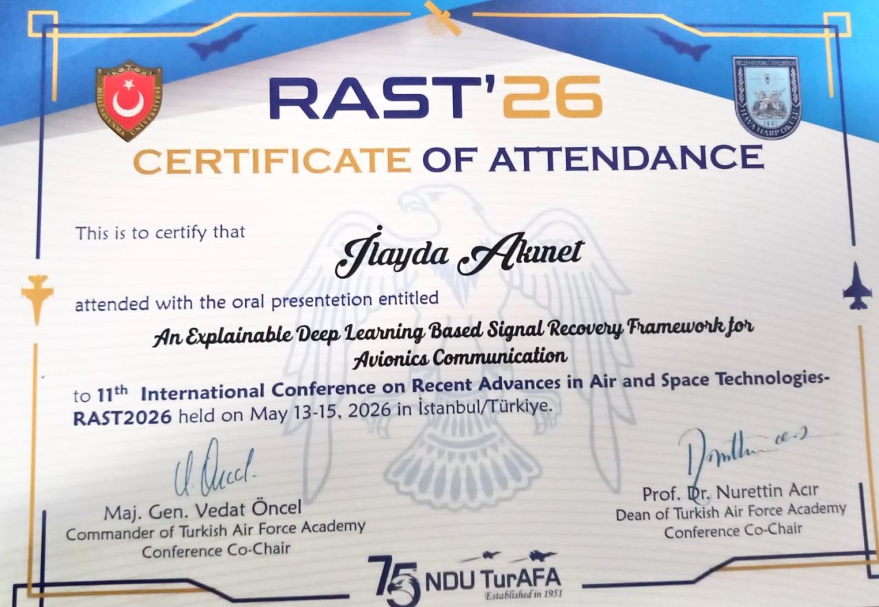 A Certificate of Participation was presented to İlayda AKINET for her oral presentation delivered at the RAST 2026 Conference.