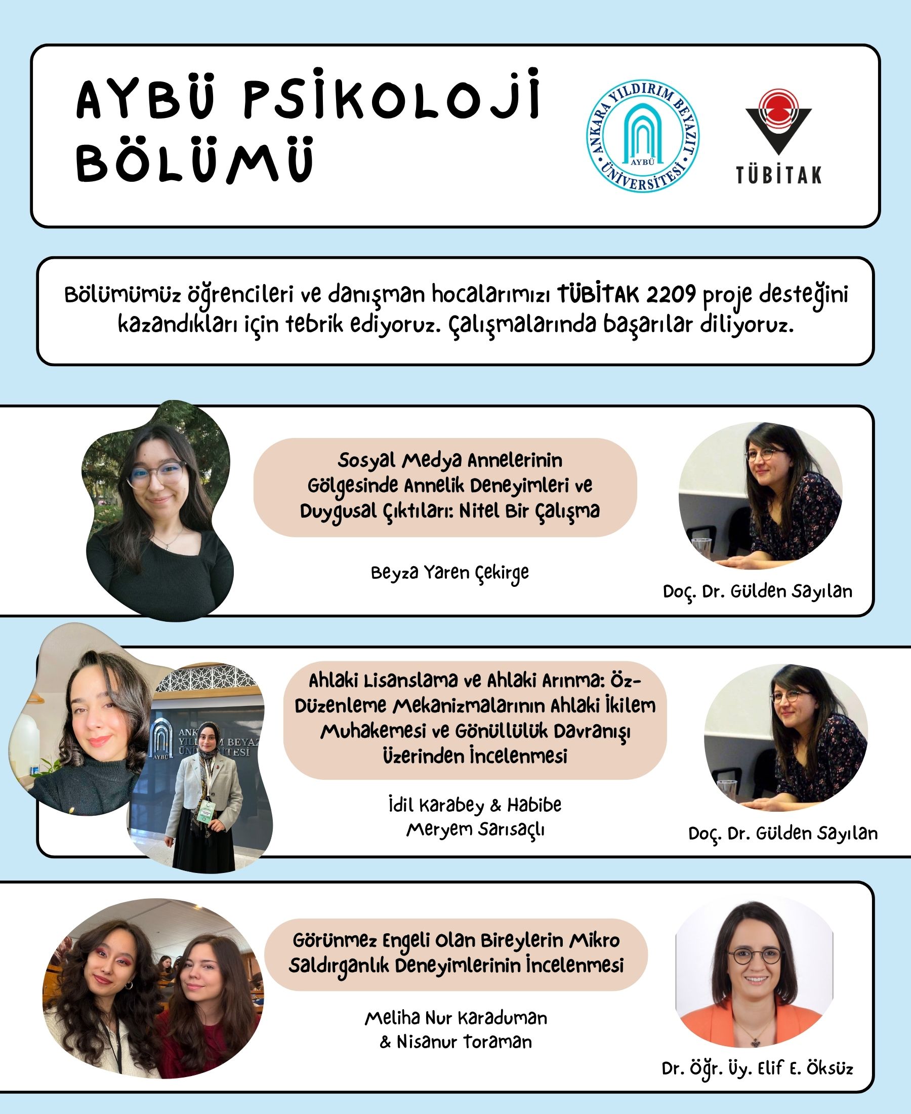 AYBÜ Psikoloji Bölümü'nün TÜBİTAK 2209 tebrik afişi. Üç farklı projenin başlığı; projeleri yürüten öğrencilerin ve danışmanları Doç. Dr. Gülden Sayılan ile Dr. Öğr. Üyesi Elif E. Öksüz'ün fotoğrafları eşliğinde listelenmektedir.