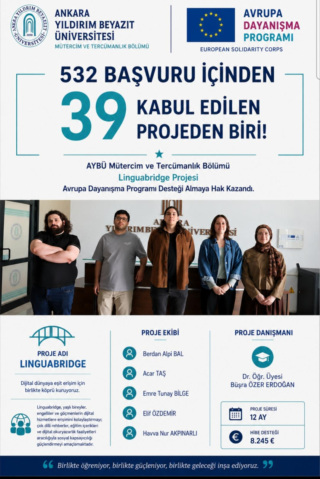 Bu görsel bölüm öğrencilerimizin projesinin Avrupa Dayanışma Programı desteği almaya hak kazandıklarını göstermektedir. 