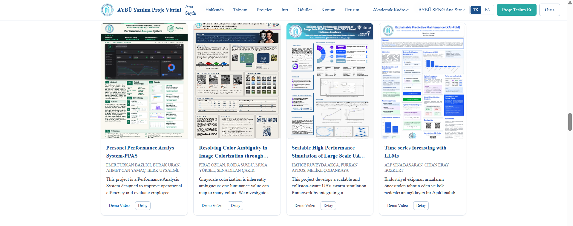 The Projects page displays projects related to performance analysis systems, image colorization, UAV swarm simulation, and time series forecasting using large language models.