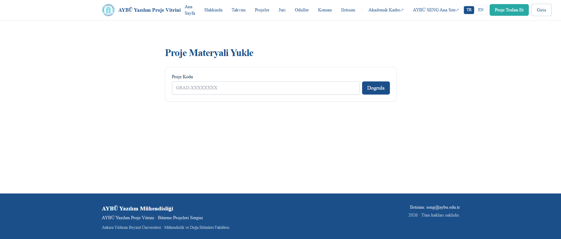 The project submission page is displayed. Users are asked to enter their project code and can proceed using the input field and the “Verify” button.