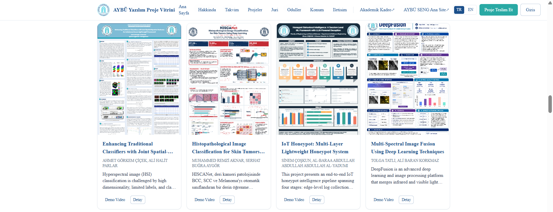 The Projects page features projects on hyperspectral image classification, skin cancer image classification, IoT honeypot systems, and multispectral image fusion.