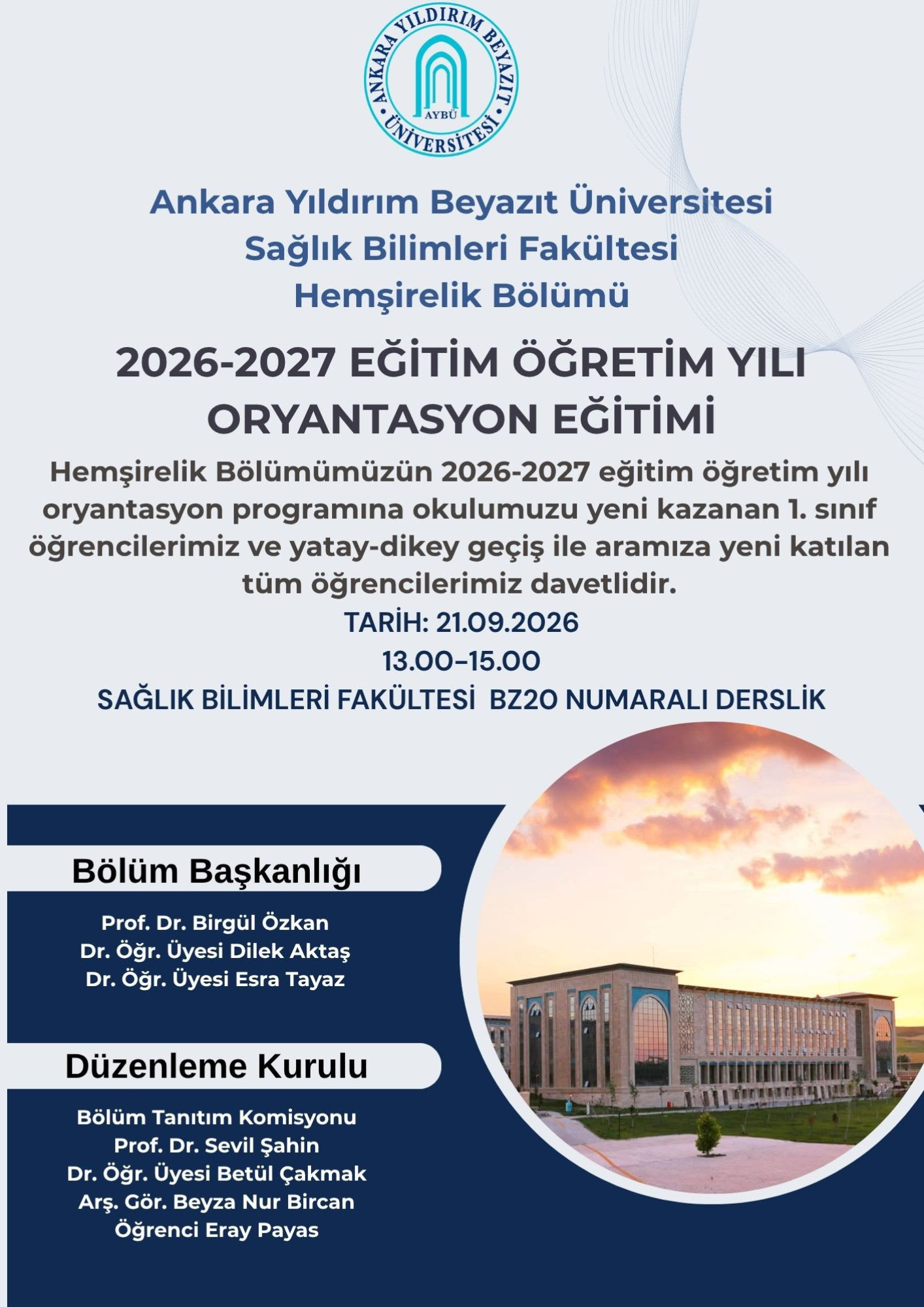 AYBÜ SBF Hemşirelik Bölümü 2026-2027 eğitim öğretim yılı oryantasyon eğitimi afişi