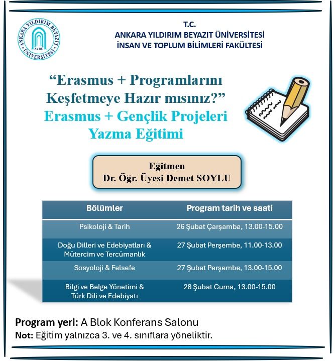 Erasmus + Gençlik Projeleri Yazma Eğitimine ilişkin duyuru görseli