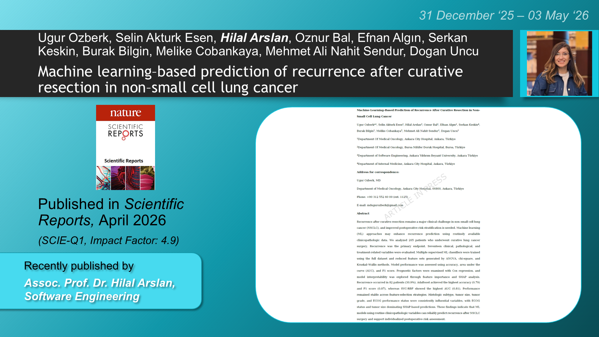 Machine learning–based prediction of recurrence after curative resection in non–small cell lung cancer adlı Ugur Ozberk, Selin Akturk Esen, Hilal Arslan, Oznur Bal, Efnan Algın, Serkan Keskin, Burak Bilgin, Melike Cobankaya, Mehmet Ali Nahit Sendur, Dogan Uncu tarafından yapılan çalışma görseli