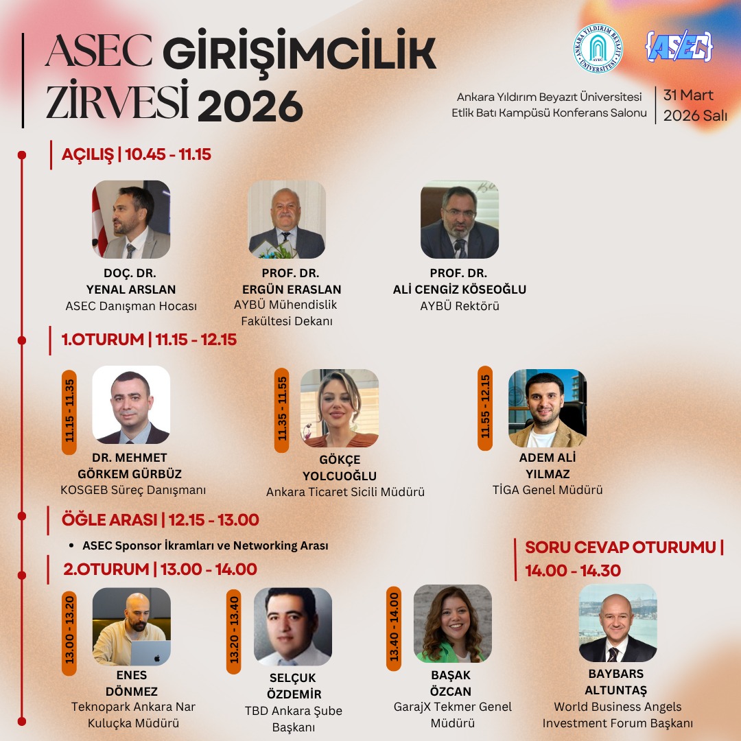 AYBU Entrepreneurship Summit program poster. March 31, 2026, at 10:45 AM, AYBU Etlik West Campus Conference Hall. Opening: 10:45 – 11:15, Assoc. Prof. Dr. Yenal Arslan, Dean Prof. Dr. Ergün Eraslan, Rector Prof. Dr. Ali Cengiz Köseoğlu. Session 1: 11:15 – 12:15: Dr. Mehmet Görkem Gürbüz, Gökçe Yolcuoğlu, Adem Ali Yılmaz. Lunch break: 12:15 – 13:00. Session 2: 13:00 – 14:00: Enes Dönmez, Selçuk Özdemir, Başak Özcan. Q&A Session: 14:00 – 14:30: Baybars Altuntaş.