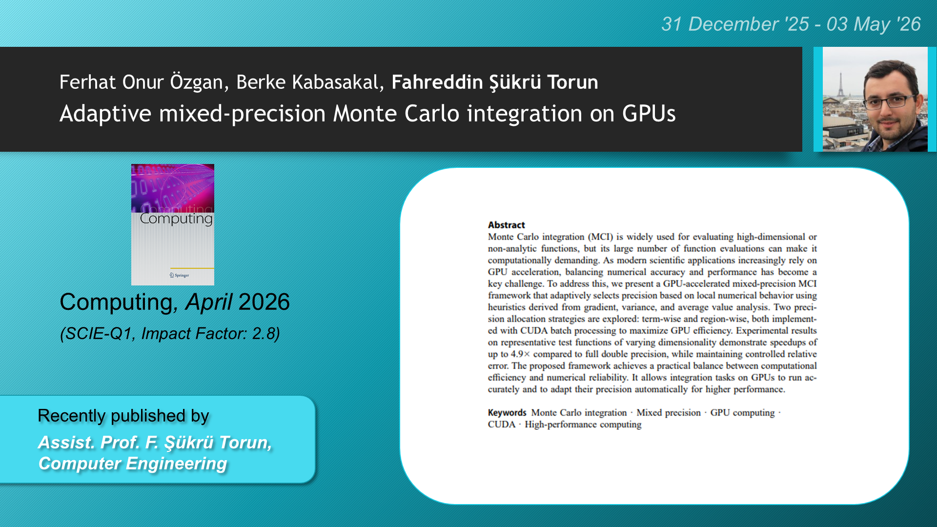 Adaptive mixed-precision Monte Carlo integration on GPUs adlı Ferhat Onur Özgan, Berke Kabasakal, Fahreddin Şükrü Torun tarafından yapılan çalışma görseli