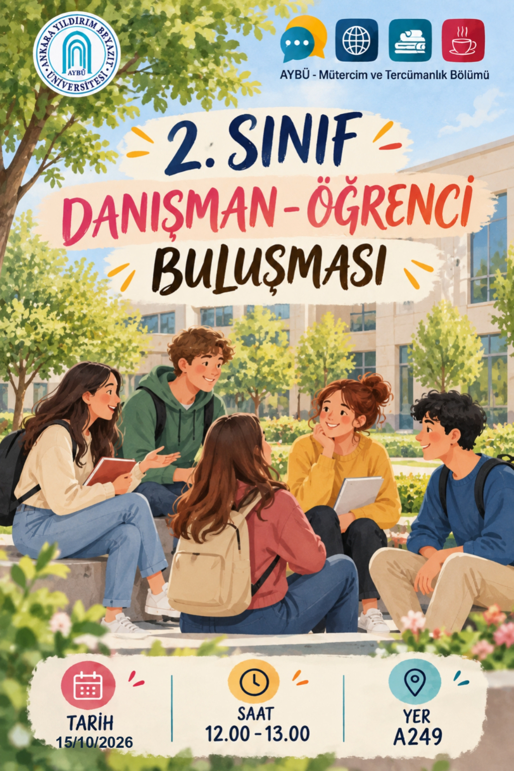 Bu, 2. sınıflar için 15 Ekim 2026'da A249 numaralı sınıfta saat 12.00'de düzenlenecek olan danışman-öğrenci buluşmalarının afişidir. 