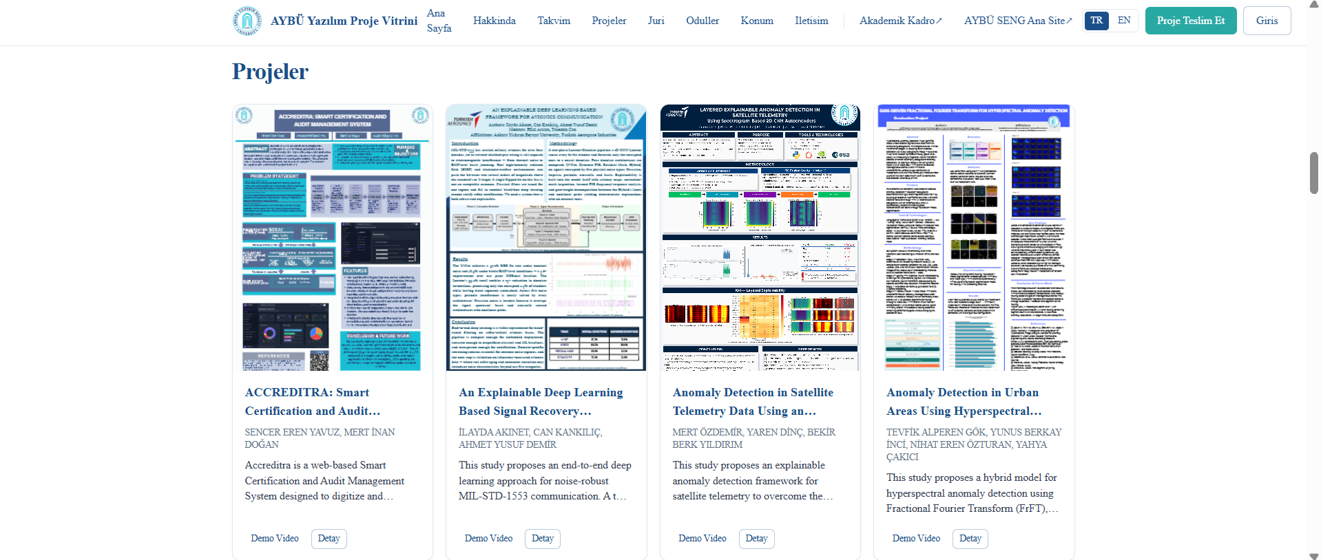 The Projects page displays multiple student projects in a card-based layout. Each card includes a project poster, project title, team members, a brief description, and links for “Demo Video” and “Details.”