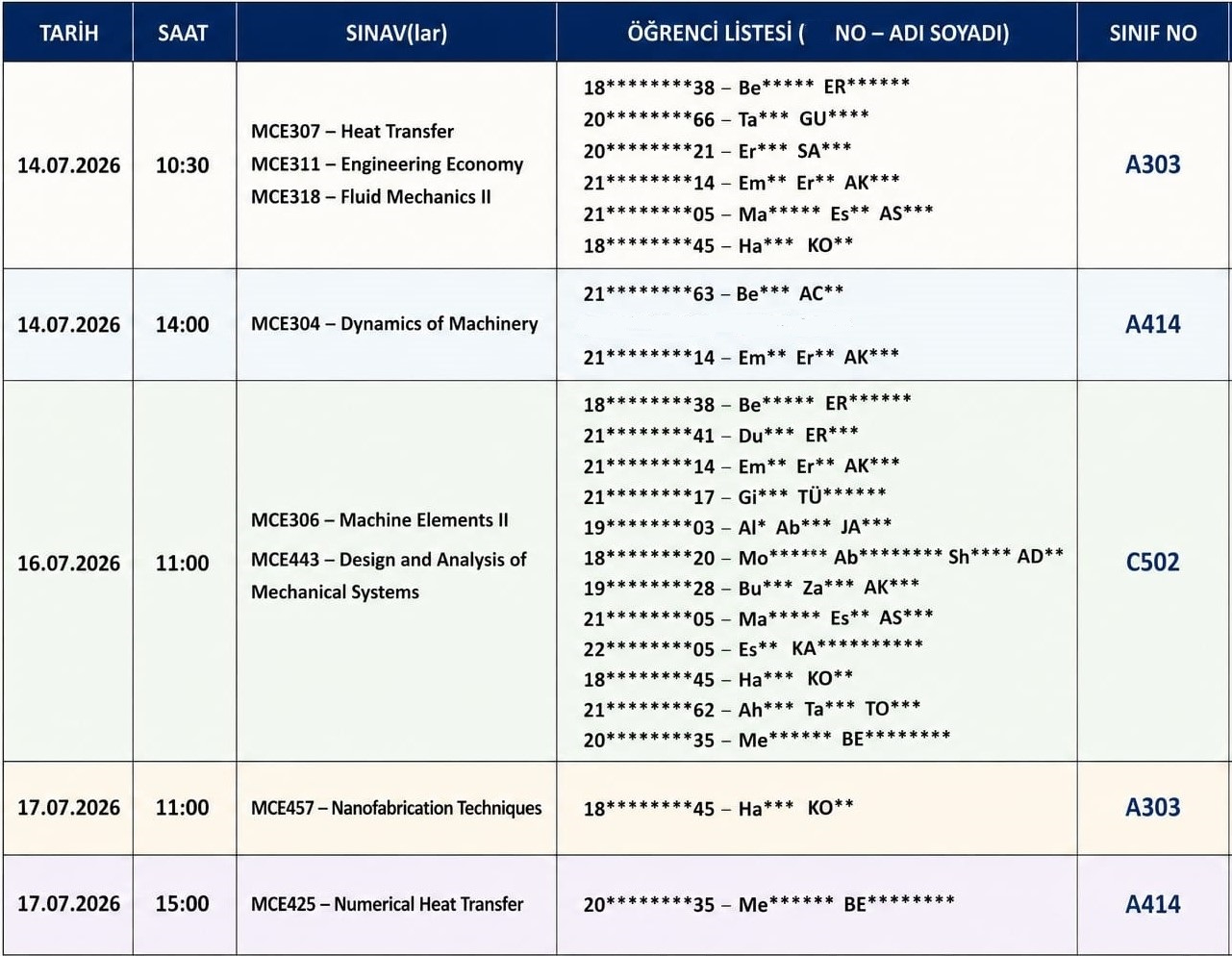 3 ders sınav programı