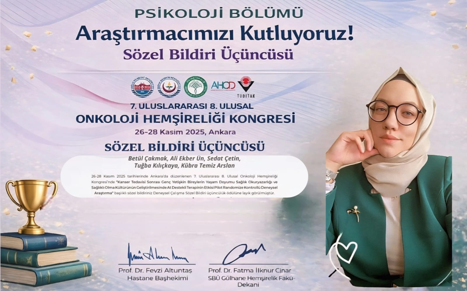 TR: Görselde onkoloji kongresinde sözel bildiri üçüncülüğü ödülü kazanan araştırmacı tebrik edilmektedir. EN: A researcher is being congratulated for winning third place in an oral presentation at an oncology congress.