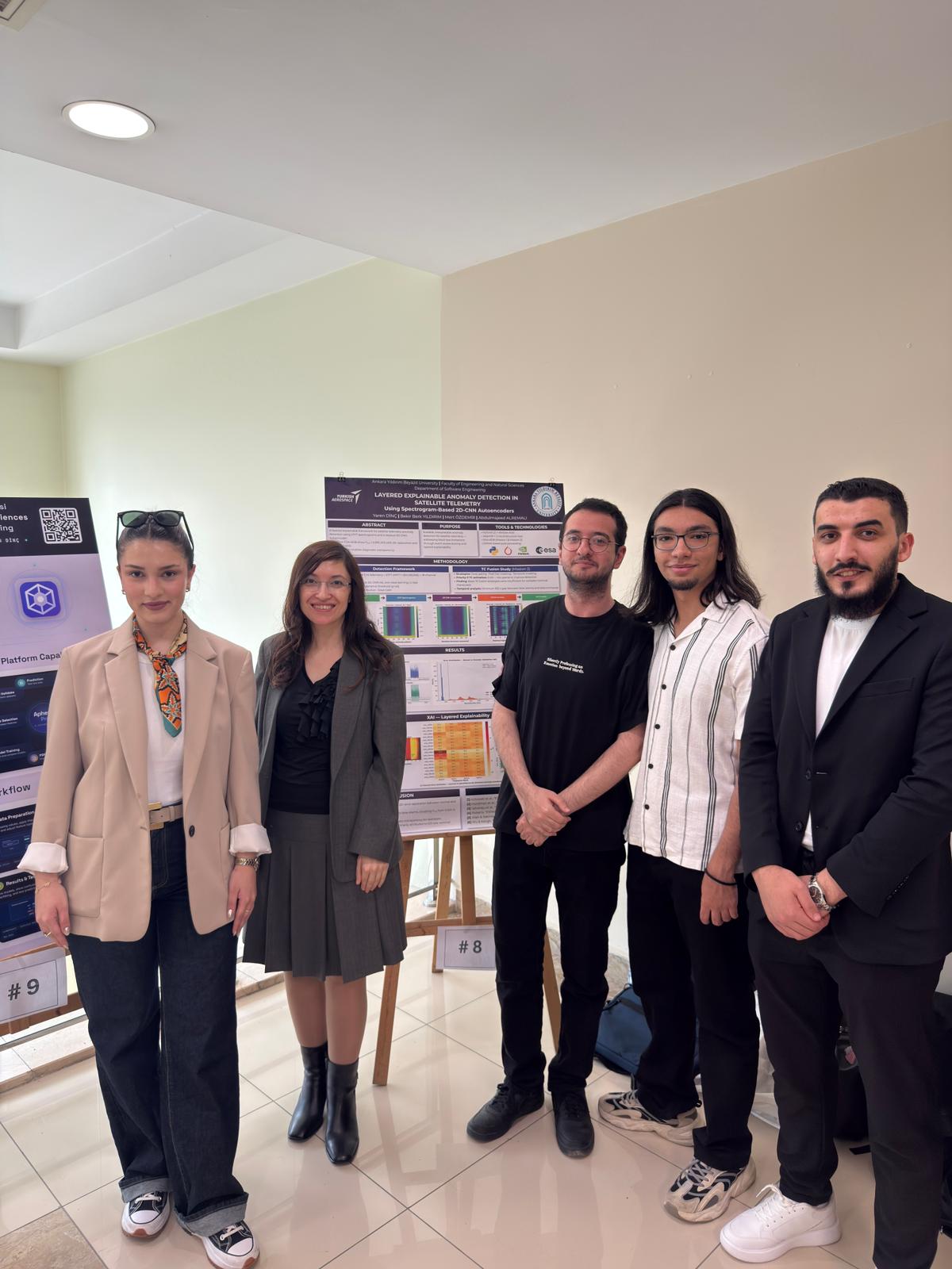 The first-place team posed with their advisor, Assoc. Prof. Dr. Hilal ARSLAN, in front of the posters of their award-winning projects, ApherAI Pro and the explainable satellite telemetry anomaly detection system.