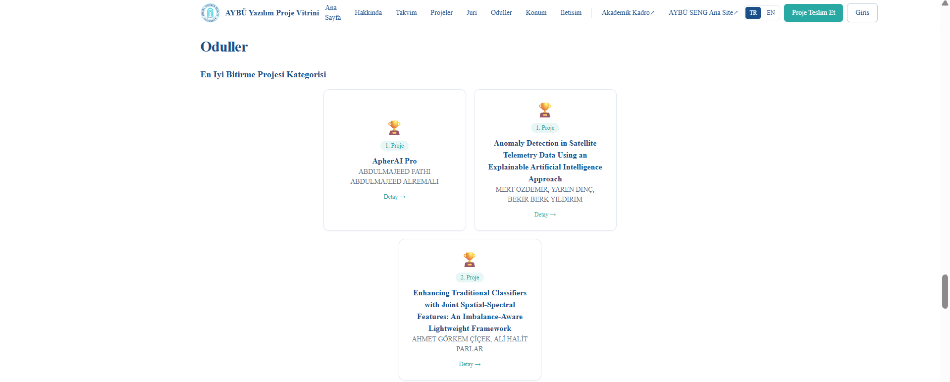 The Awards page displays the winning projects in the Best Graduation Project category. First, second, and third place projects are presented with trophy icons and team information.