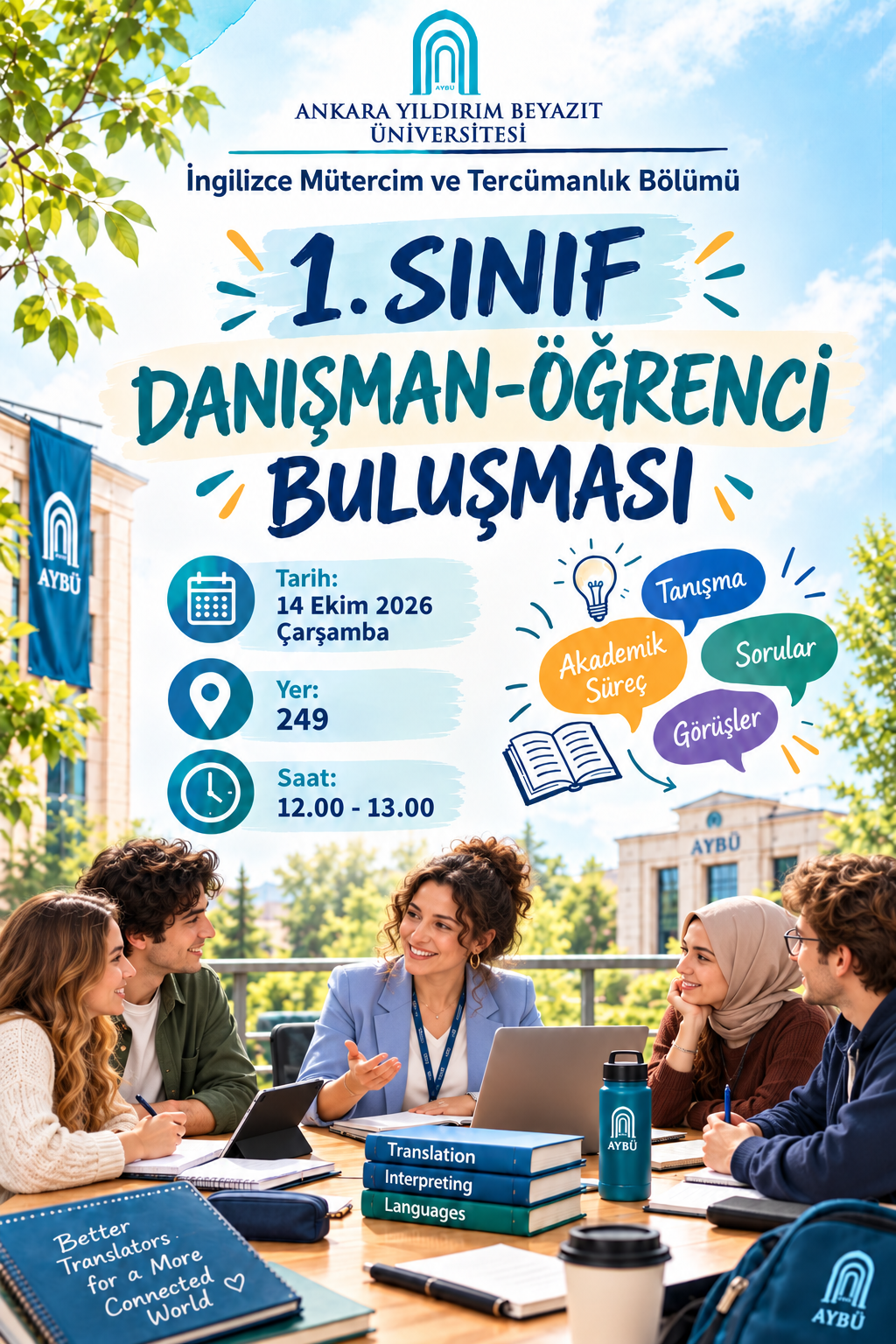 Bu, 1. sınıflar için düzenlenecek olan 14 Ekim 2026 tarihinde A249 numaralı sınıfta saat 12.00'de düzenlenecek olan danışman-öğrenci buluşmalarının afişidir