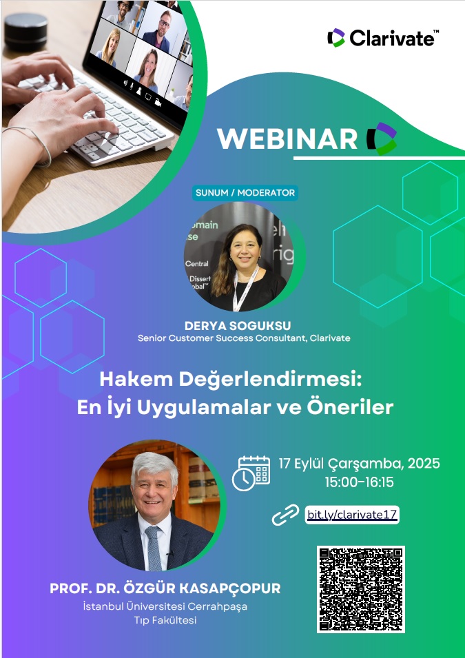 "Hakem değerlendirmesi: en iyi uygulamalar ve öneriler"  17 Eylül 2025, saat 13:00, webinarı hakkında detaylı bilgi için tıklayınız.