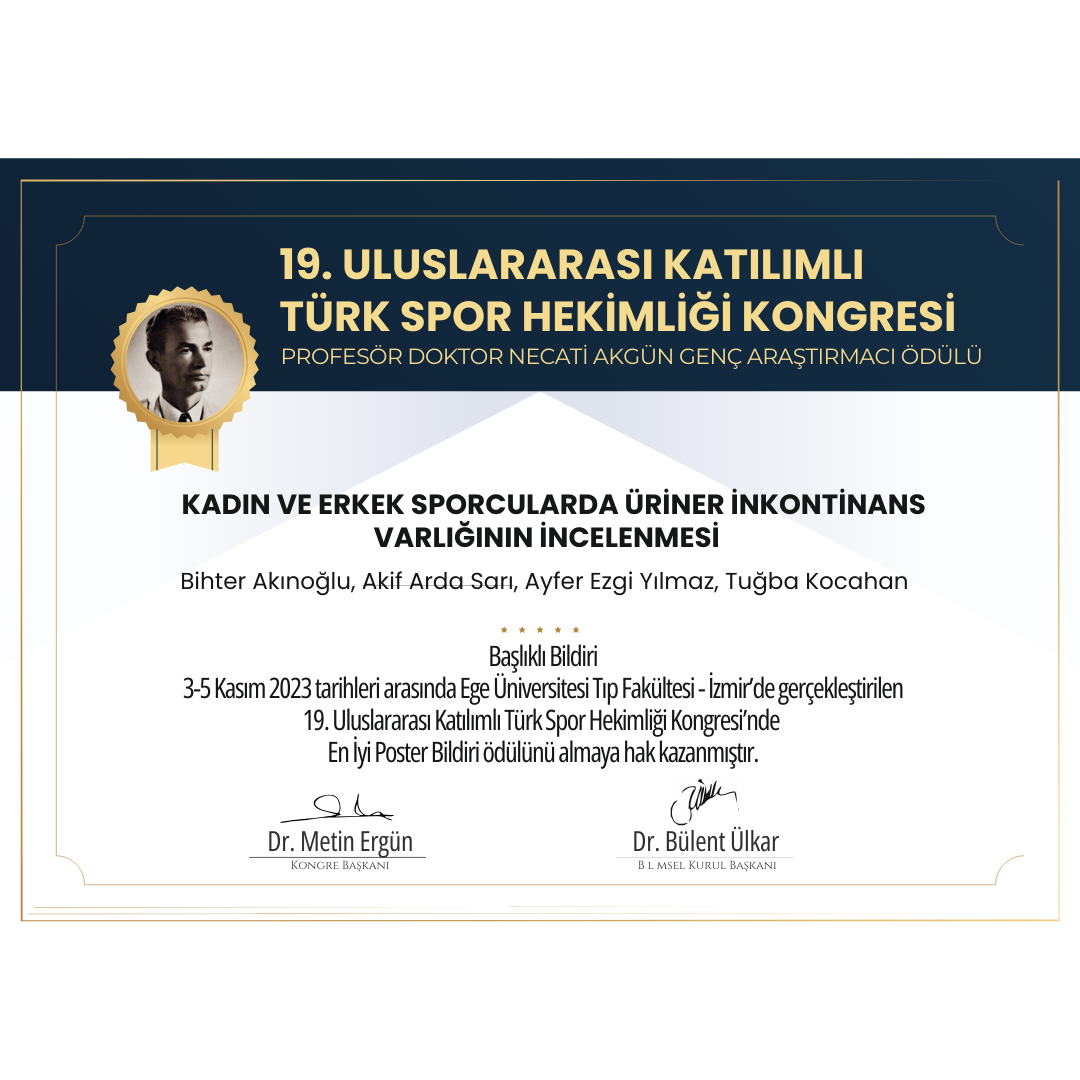 19. Uluslararası Katılımlı Türk Spor Hekimliği Kongresinde En İyi Sözel Bildiri Ödülü!