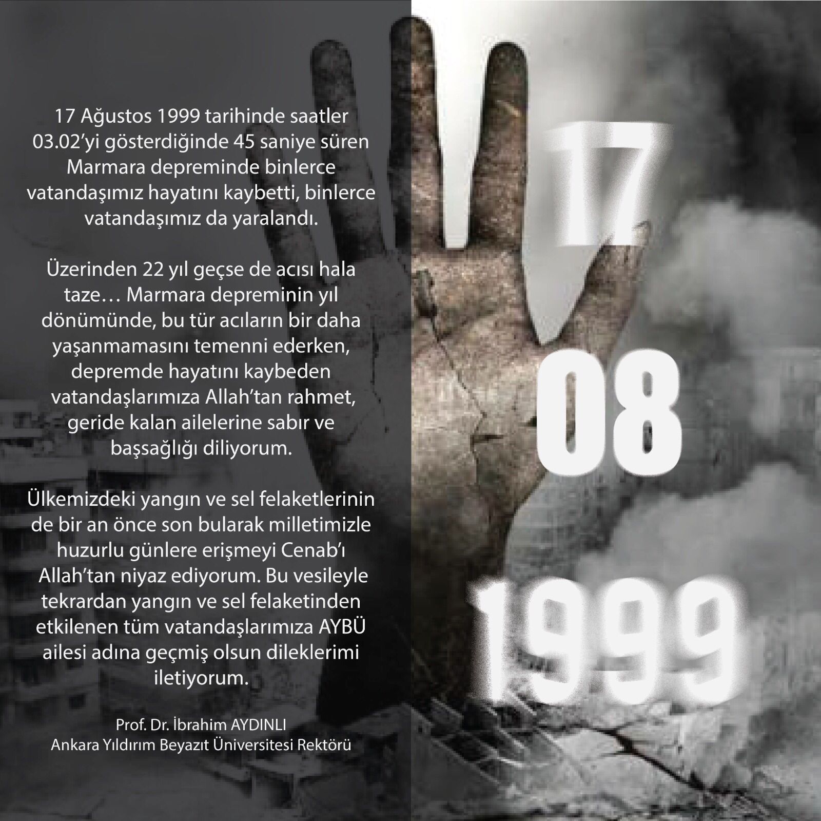 Rektörümüz Prof. Dr. İbrahim Aydınlı’nın 17 Ağustos Depremi Anma Mesajı