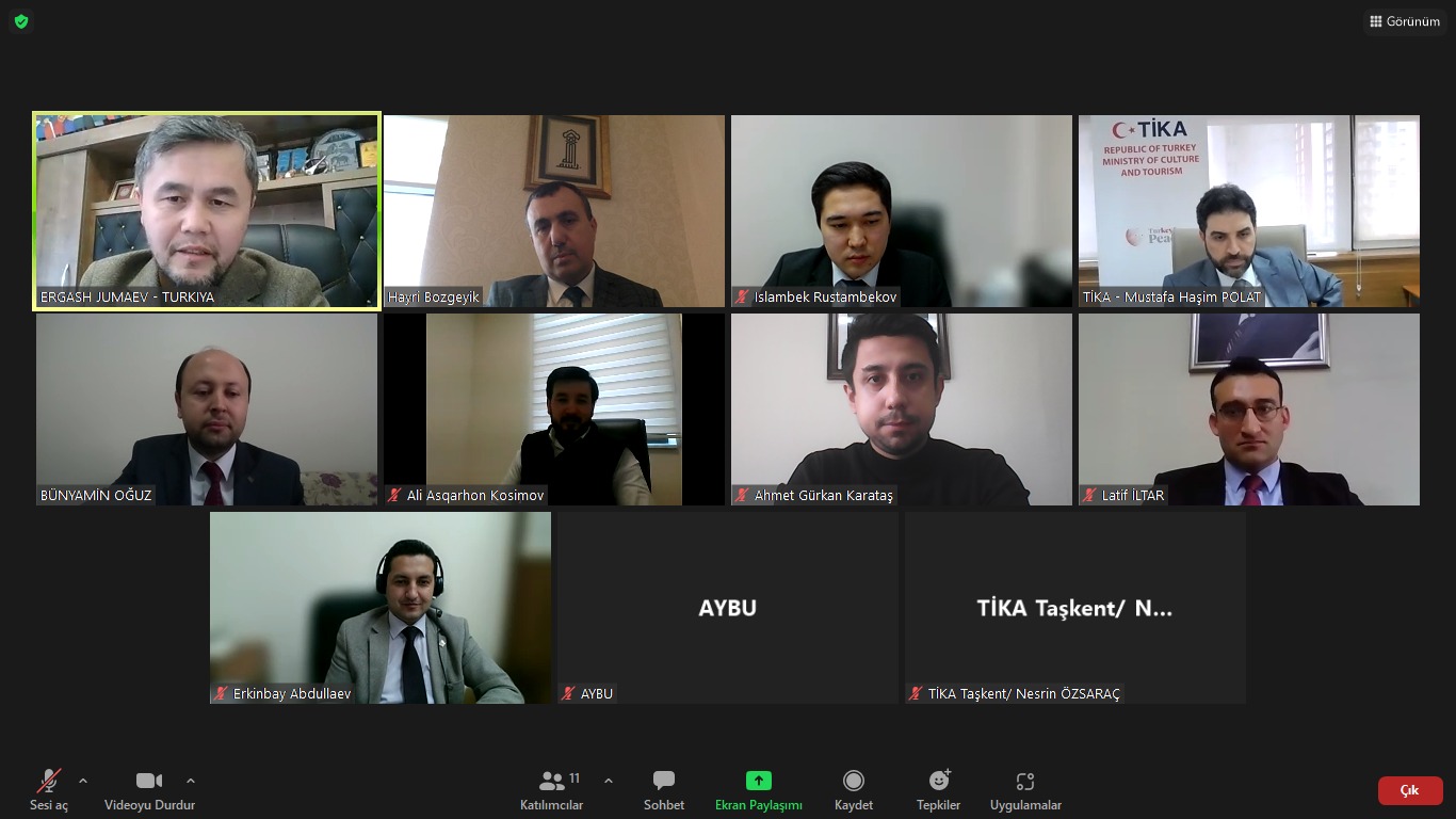 AYBÜ ile Taşkent Devlet Hukuk Üniversitesi iş birliğinde TİKA'nın destekleriyle yürütülecek Türkçe ve Hukuk eğitimlerine yönelik çevrim içi toplantı gerçekleştirildi