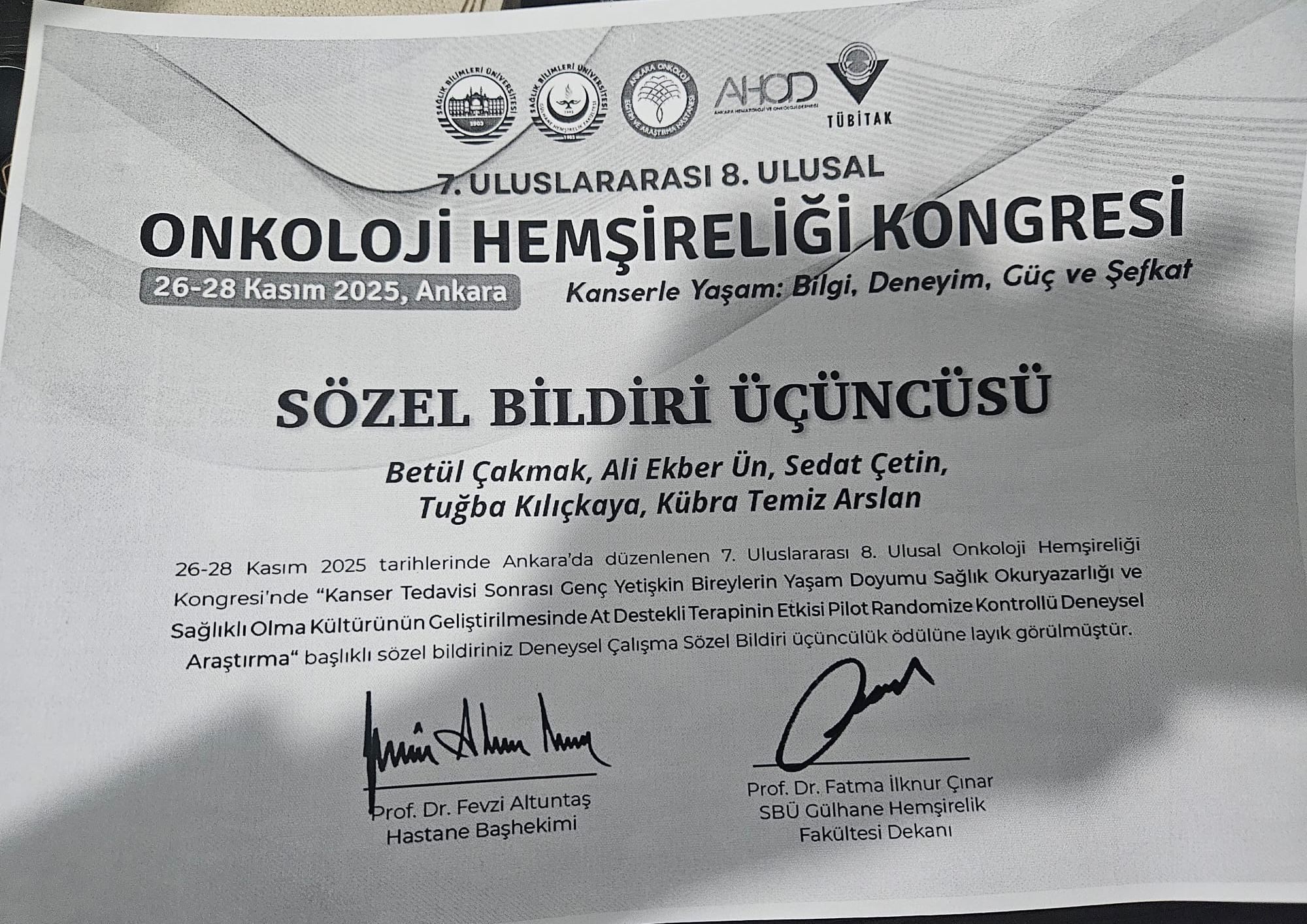 Aybü Hippoterapi Merkezimiz Sözel Bildiri Üçüncülük Ödülüne Layık Görülmüştür.