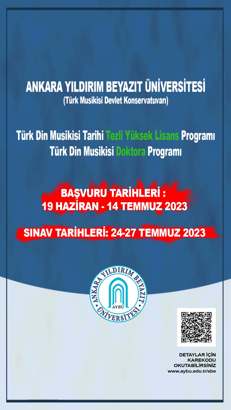 KONSERVATUVARIMIZA 2023 - 2024 EĞİTİM ÖĞRETİM YILI LİSANSÜSTÜ ÖĞRENCİ ALIMI YAPILACAKTIR.