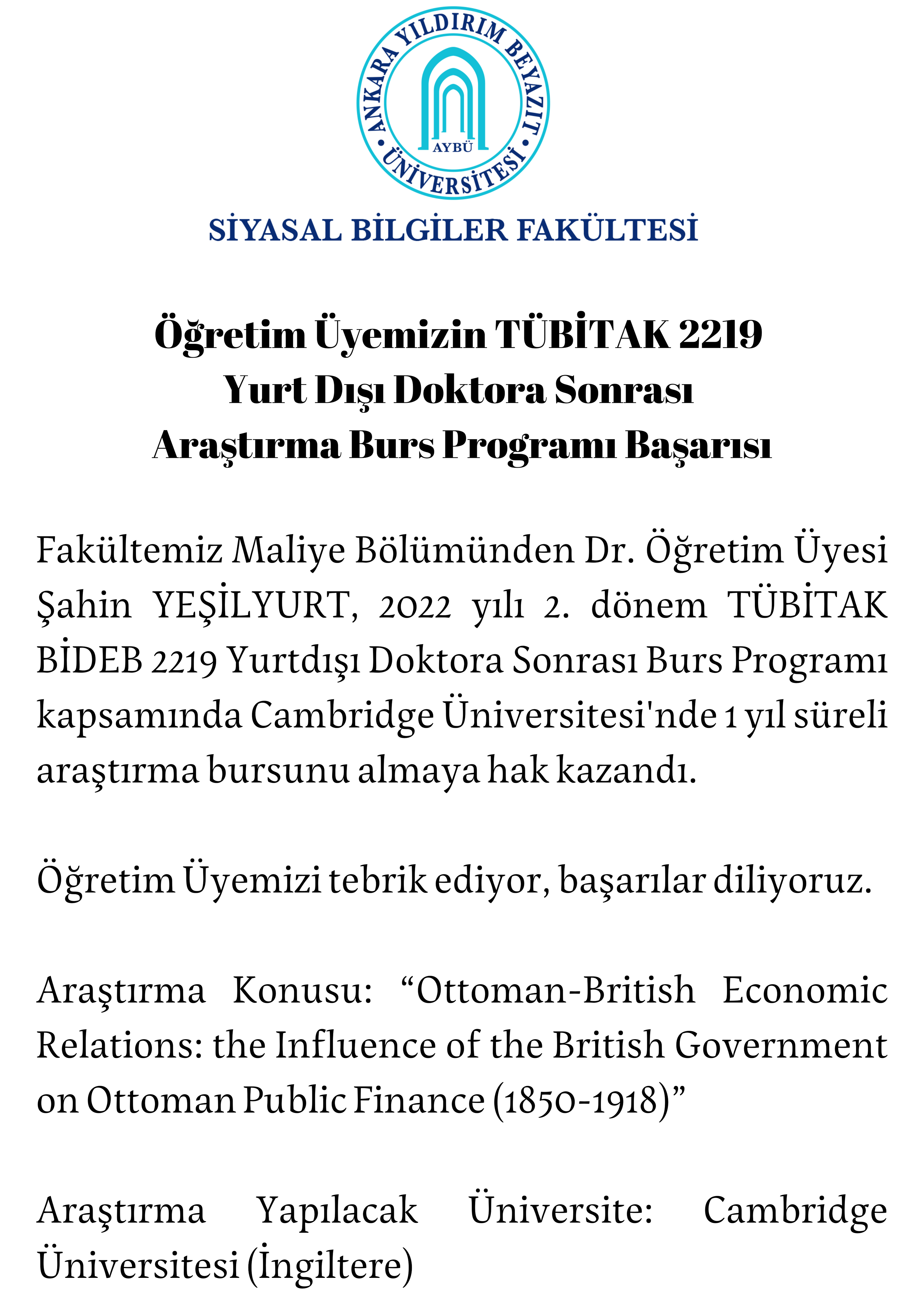 Our Faculty Member's Success in TUBITAK 2219 International Postdoctoral Research Fellowship Program for Turkish Citizens