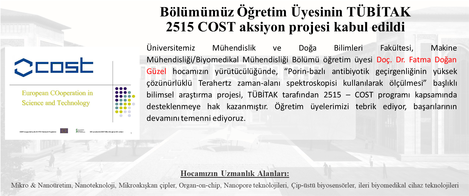 Our Faculty Member Received Project Support from the TÜBİTAK 2515–COST Program