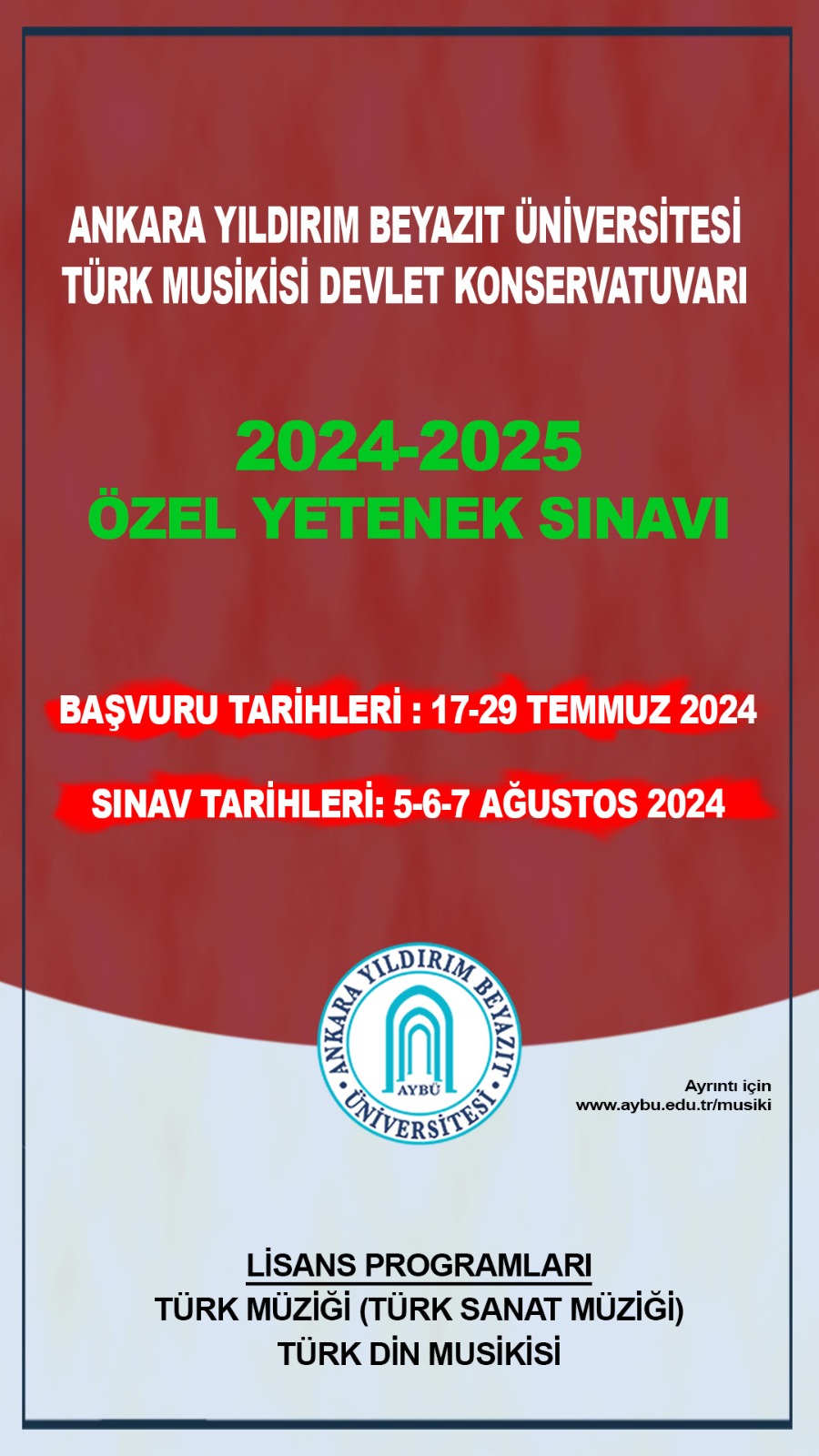 AYBÜ Türk Musikisi Devlet Konservatuvarı 2024 - 2025 Akademik Yılı Özel Yetenek Sınavı Başvuruları Başlıyor